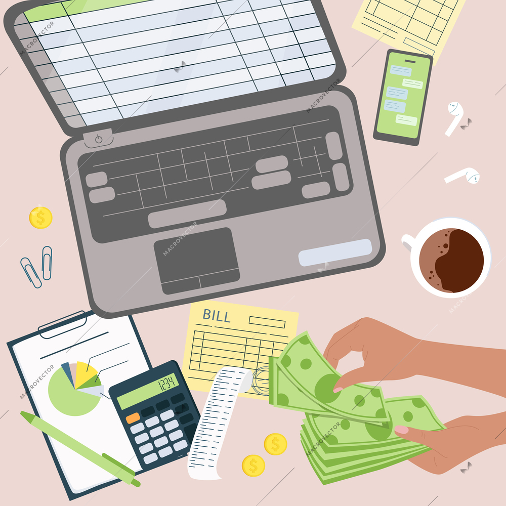 Hands with money flat composition with top view of table with laptop paper calculations and cash vector illustration