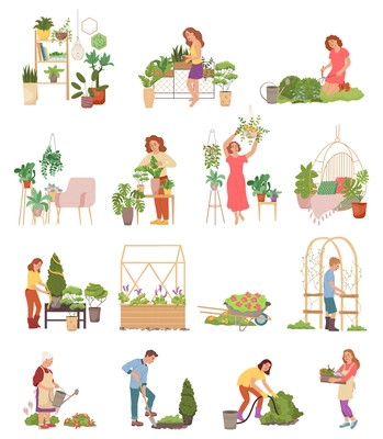 Home gardening set with flat compositions of gardening people with plants flower pots on blank background vector illustration