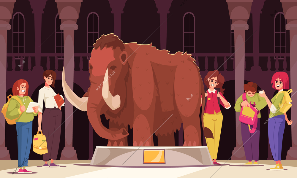 Students with backpacks on excursion in archeological museum cartoon vector illustration