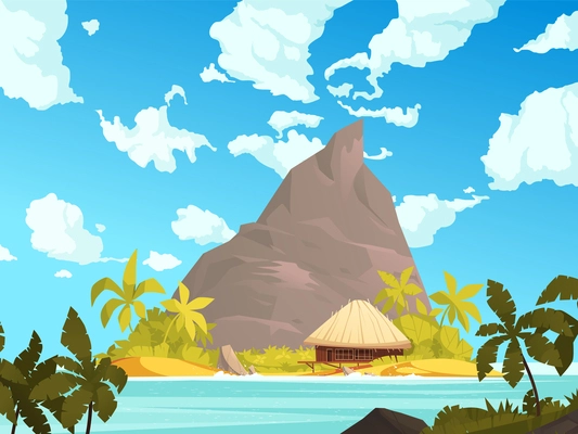 Tropical island landscape cartoon poster with palms and mountain vector illustration