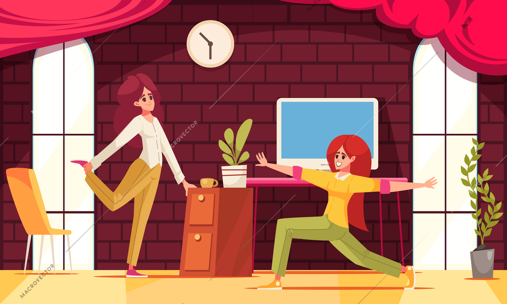 Workplace stretches cartoon poster wtih female employees doing sport exercises in office vector illustration