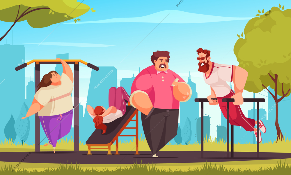 Workout cartoon composition with males and females doing sport outdoors vector illustration