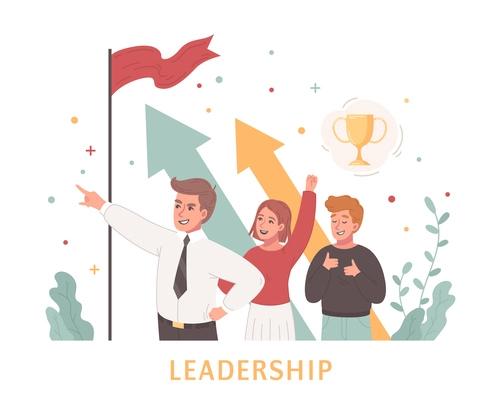 Leadership cartoon design concept with teamwork of creative young people believing in success flat vector illustration