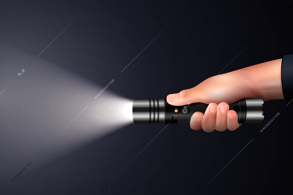 Flashlight in human hand and beam of light directed in darkness realistic background 3d vector illustration