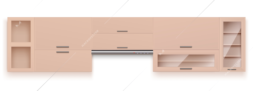 Realistic furniture elements for modern kitchen interior with cupboards and extractor hood vector illustration