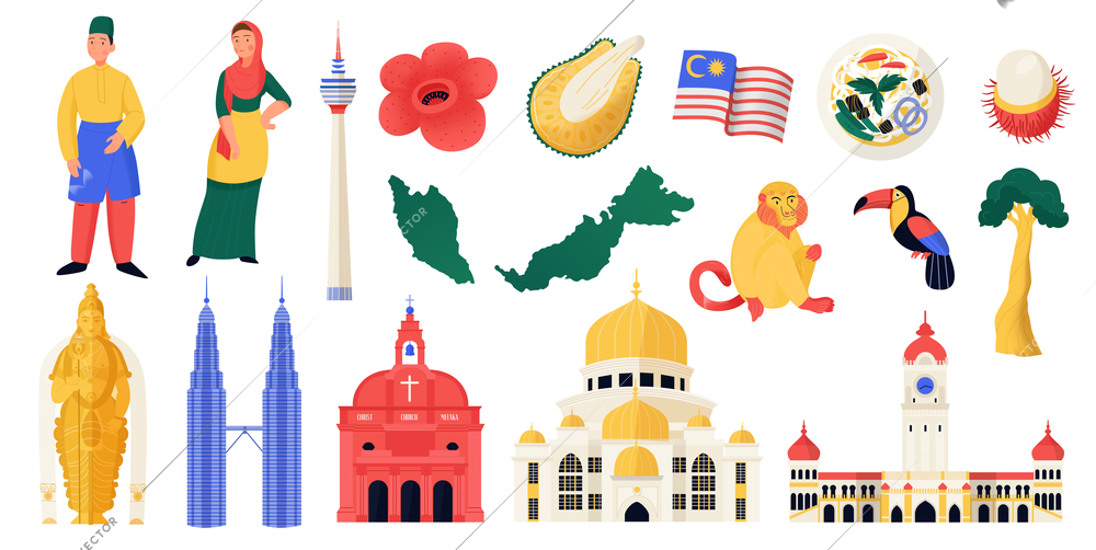 Malaysia travel icons flat set with tourist attractions and culture symbols isolated vector illustration