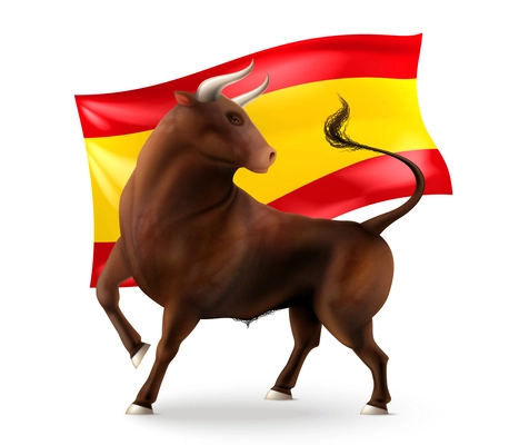 Color bull realistic composition with isolated view of horned animal in front of spanish national flag vector illustration