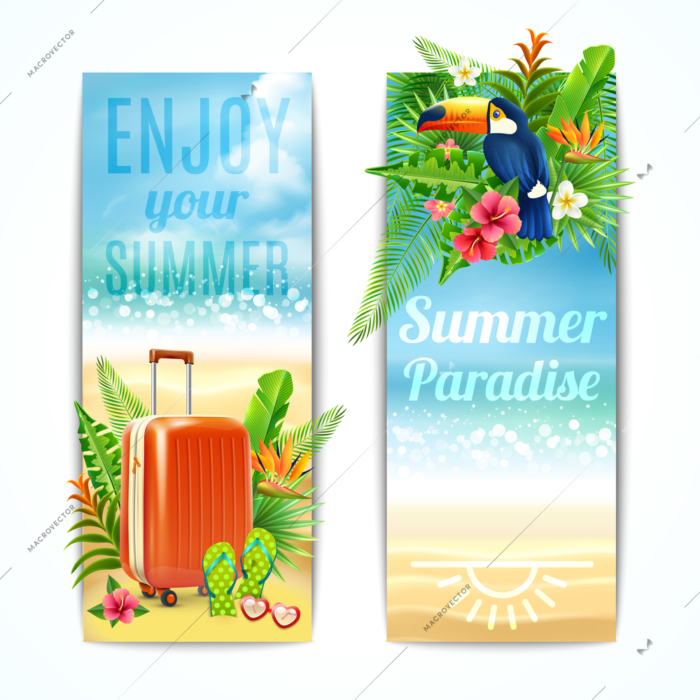 Travel vertical banners set with vacation suitcase exotic leaves and toucan bird isolated vector illustration