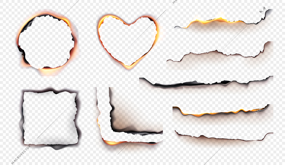 Burned paper realistic set with isolated stripes and holes of burnt paper with flames of fire vector illustration