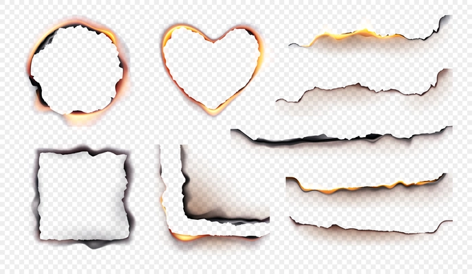 Burned paper realistic set with isolated stripes and holes of burnt paper with flames of fire vector illustration