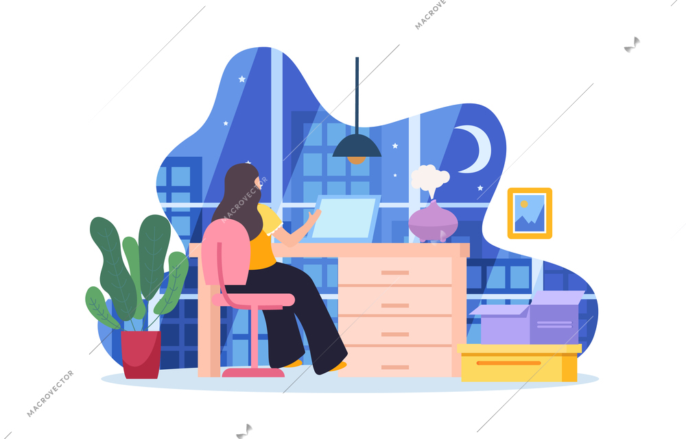 Business stress flat composition with indoor office scenery and woman working in night with cityscape window vector illustration