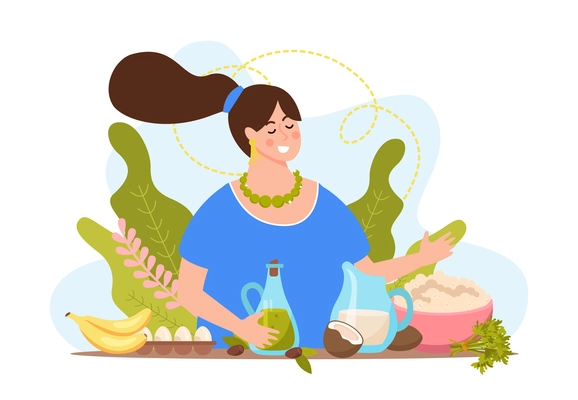 Macronutrients flat composition with woman cooking dishes with banana eggs oil milk and coconut with porridge vector illustration