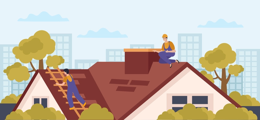 Roof flat composition with cityscape scenery and two workers climbing on house roof with ladder instruments vector illustration