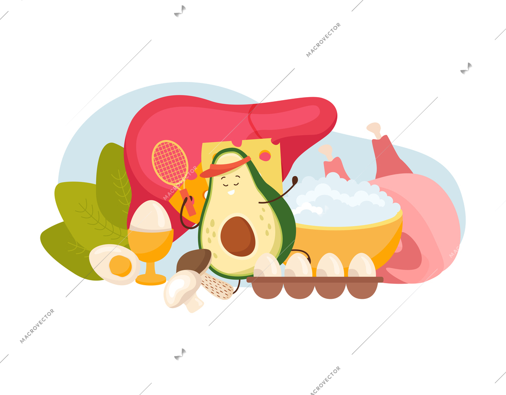 Cartoon avocado flat composition with blank background and cartoon fruit surrounded by eggs quark and meat vector illustration