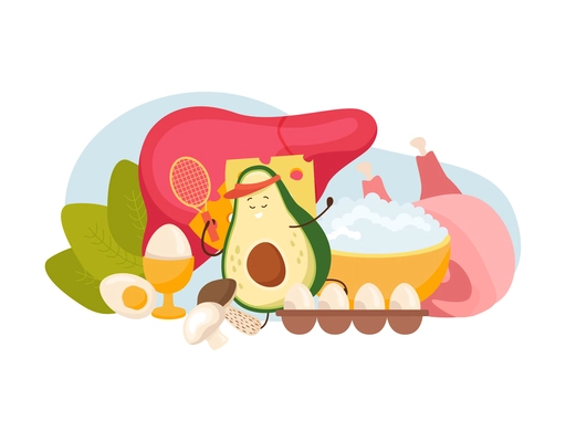 Cartoon avocado flat composition with blank background and cartoon fruit surrounded by eggs quark and meat vector illustration