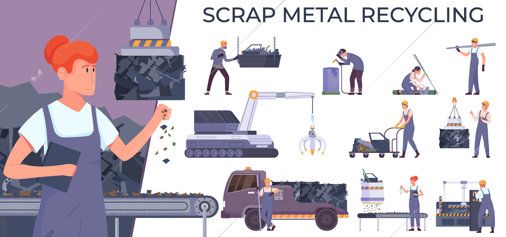 Metal recycling flat composition with text female character of worker and set of isolated dumping icons vector illustration