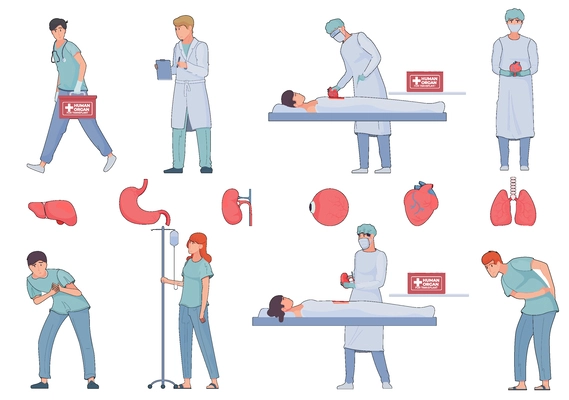 Organ transplant flat set with isolated icons of organs and doodle style characters of medical professionals vector illustration