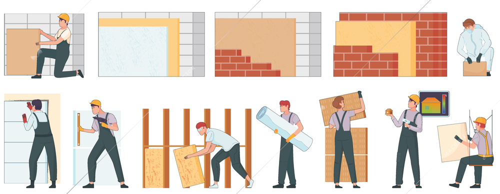 Thermal insulation flat set of isolated human characters of workers with wall panels bricks and wallpaper vector illustration