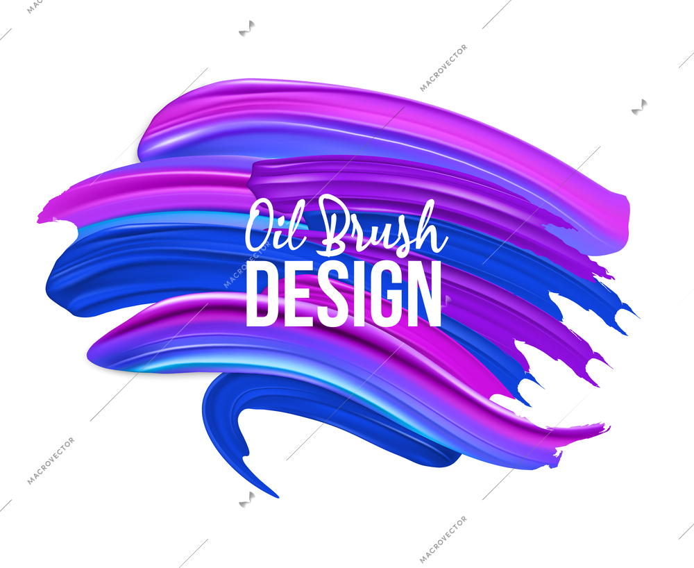 Realistic brush strokes with ornate text on top of neon colored oil smear on blank background vector illustration