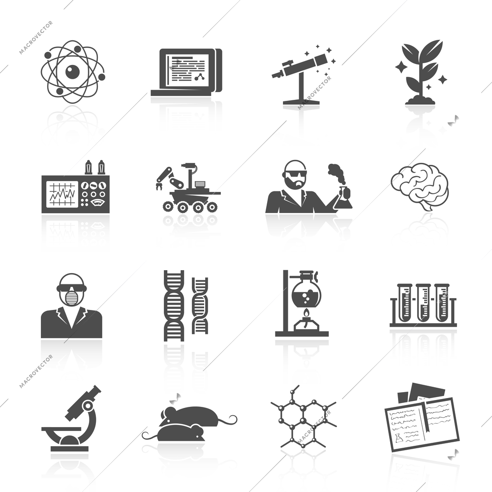 Science and research black icon set with microscope lab flask and dna isolated vector illustration