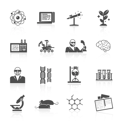 Science and research black icon set with microscope lab flask and dna isolated vector illustration