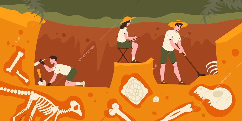 Archeology composition with profile view of ground with hole and people digging out bone remains findings vector illustration