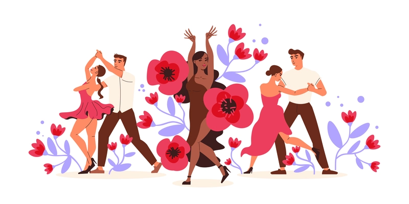 Latin dance composition with floral artwork colored flowers and leaves beyond dancers with pairs and single vector illustration