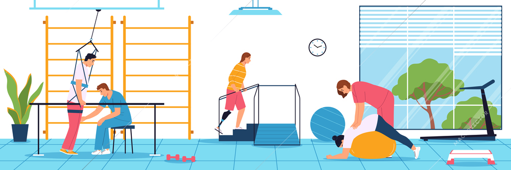 Physiotherapy flat composition with people doing physical exercises in gym with coach help vector illustration