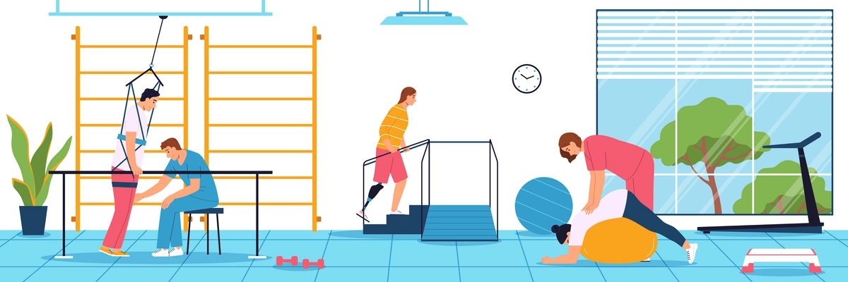 Physiotherapy flat composition with people doing physical exercises in gym with coach help vector illustration