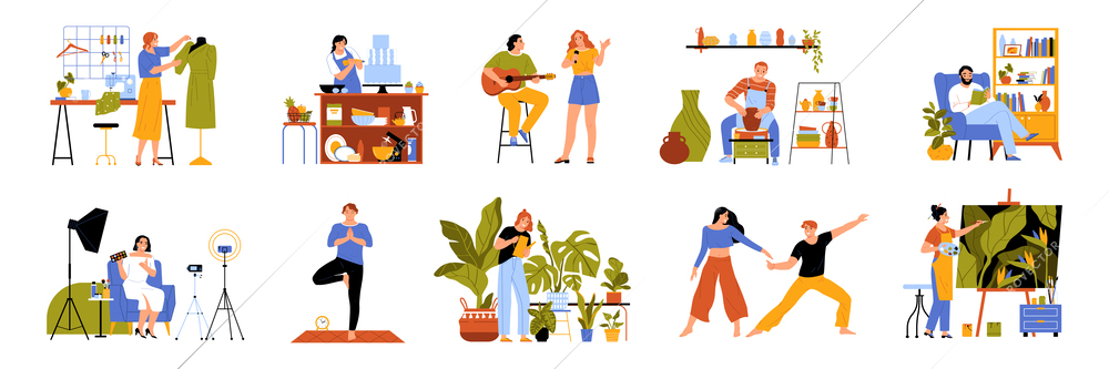 Hobby flat icons set with people during free time occupations isolated vector illustration