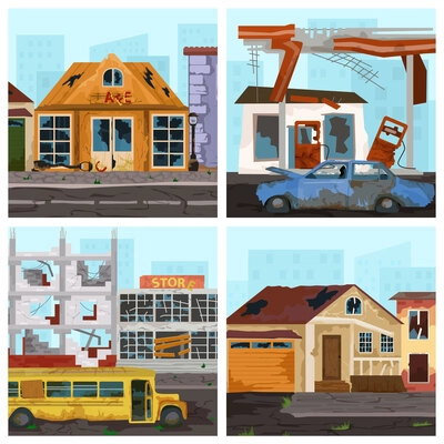 Post apocalypse 2x2 design concept set of forsaken buildings after earthquake or war flat vector illustration