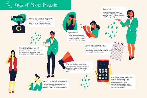 Call me phone flat infographic with rules of phone etiquette and different tips descriptions vector illustration