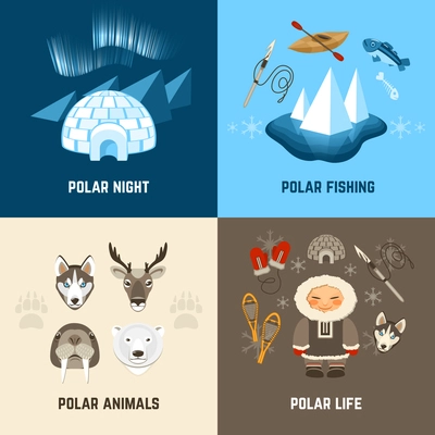 Chukchi design concept set with polar night fishing animals and life flat icons isolated vector illustration