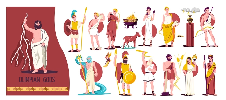 Olympian gods isolated flat icon set different gods figures and greek warriors vector illustration