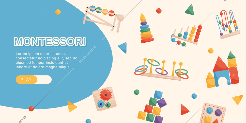 Montessory web banner decorated with retro wooden colorful educational toys flat vector illustration