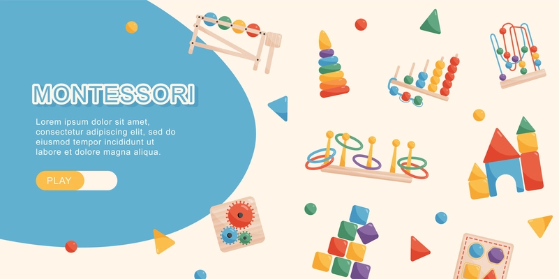 Montessory web banner decorated with retro wooden colorful educational toys flat vector illustration