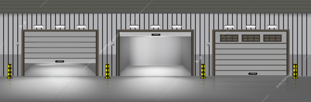 Interior of modern underground garage with car boxes equipped with metal sectional lifting gates realistic composition vector illustration