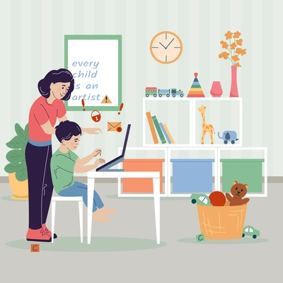 Children gadget addiction flat background composition with nursery room interior and child using laptop with mother vector illustration