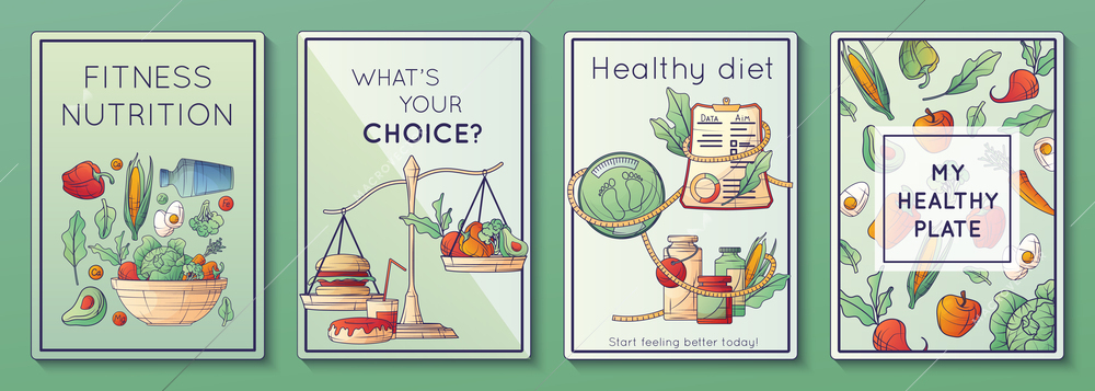 Dietology nutritionist dietitian posters set with four isolated vertical compositions of text scales and vegetable icons vector illustration