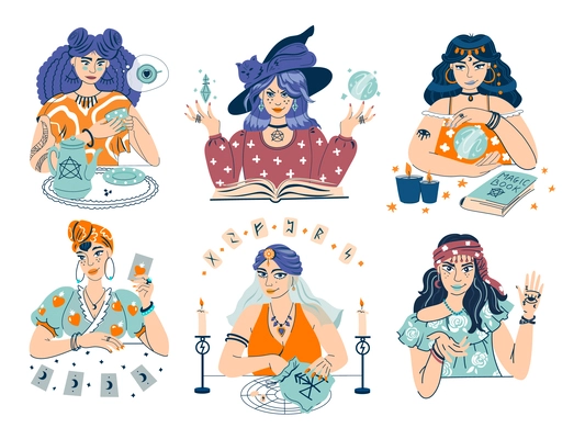 Fortune teller characters flat set of mystic ladies telling the future by palmistry crystal ball and cards isolated vector illustration