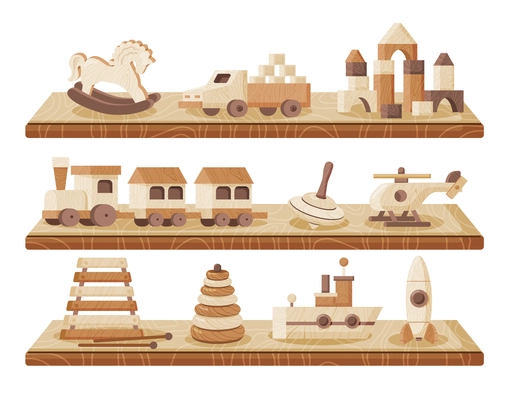 Three shelves with vintage wooden toys so as horse helicopter castle rocket pyramid ship railroad airplane vector illustration