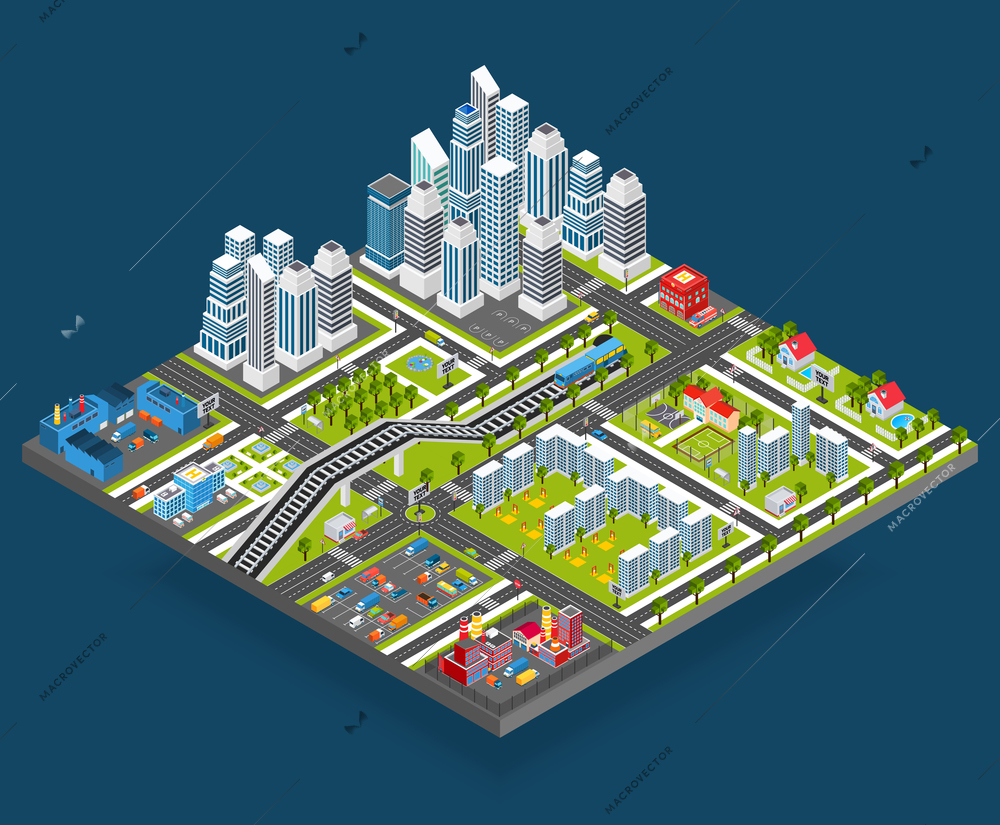 Isometric city with 3d houses manufacture office and store building blocks vector illustration