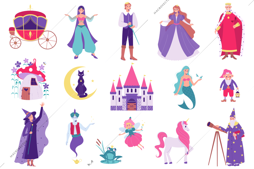 Set with isolated fairy tale flat icons with images of mythical story heroes and medieval kings vector illustration