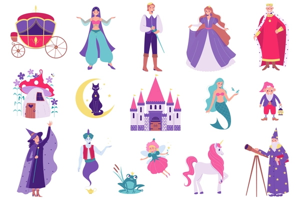 Set with isolated fairy tale flat icons with images of mythical story heroes and medieval kings vector illustration