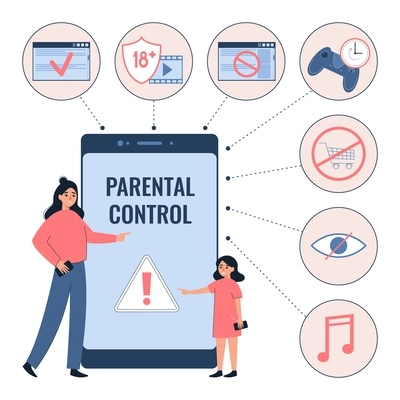 Parental control flat infographic composition of mother and daughter characters and smartphone with round icons symbols vector illustration