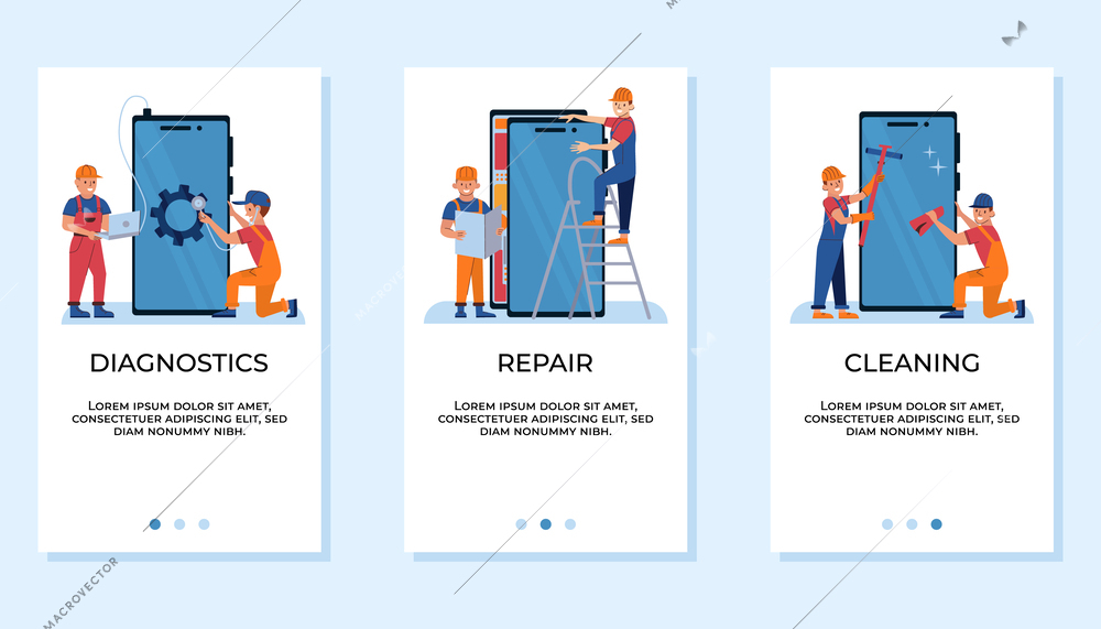 Phone repair service flat app design banners set with engineers doing diagnostics fixing and cleaning smartphone isolated vector illustration