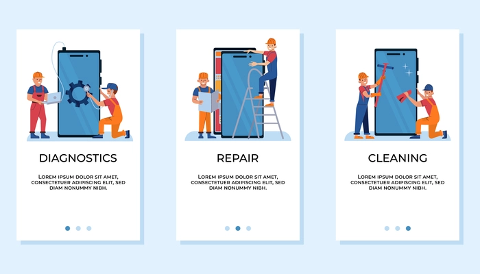 Phone repair service flat app design banners set with engineers doing diagnostics fixing and cleaning smartphone isolated vector illustration