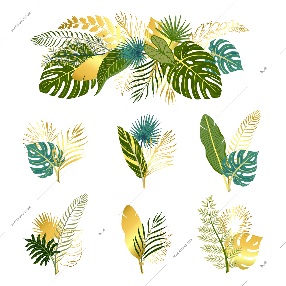Bunches of green and golden tropical leaves flat set isolated on white background vector illustration