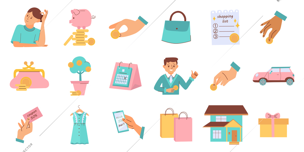 Financial planning family budget flat icons set with various expense items isolated vector illustration