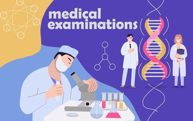 Medical examination composition with collage of flat images with dna molecular structure scientist with lab equipment vector illustration
